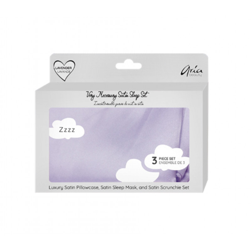 aria luxury satin pillowcase, sleep mask, & scrunchie set lavender