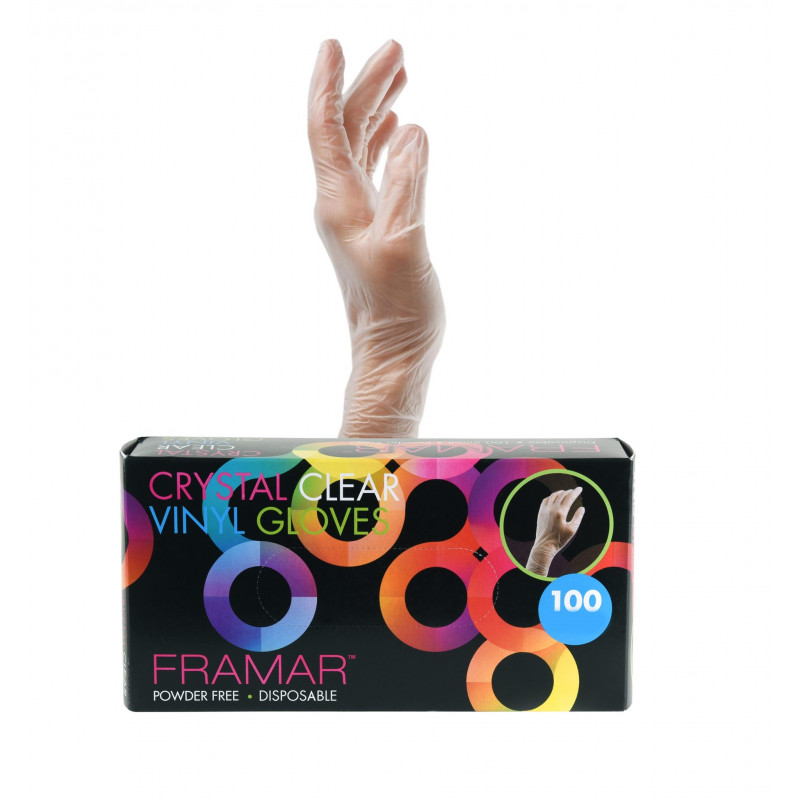 framar crystal clear powder free vinyl gloves 100pc - small