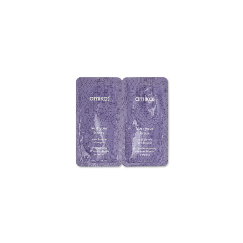 amika: bust your brass cool blonde shampoo + conditioner 10ml each (sample sachet duo)