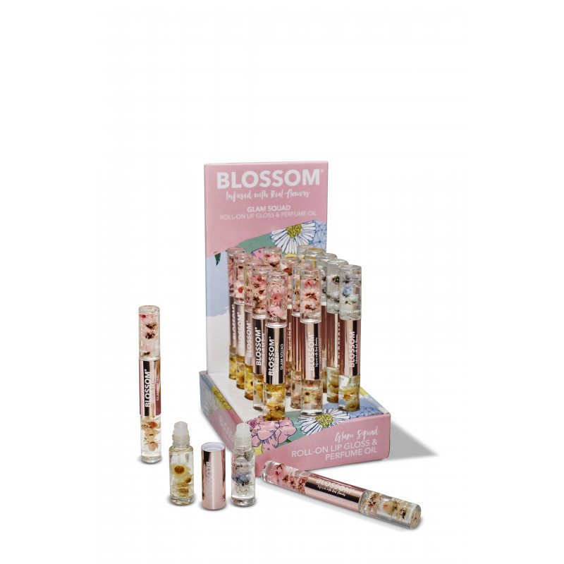 blossom glam squad roll-on lip gloss + perfume oil display 15pc